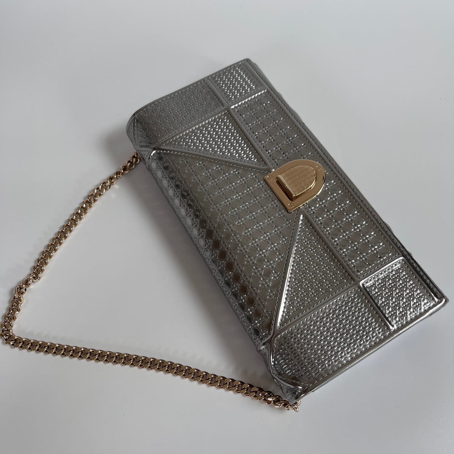 Christian Dior Diorama Metallic Silver Patent Wallet On Chain