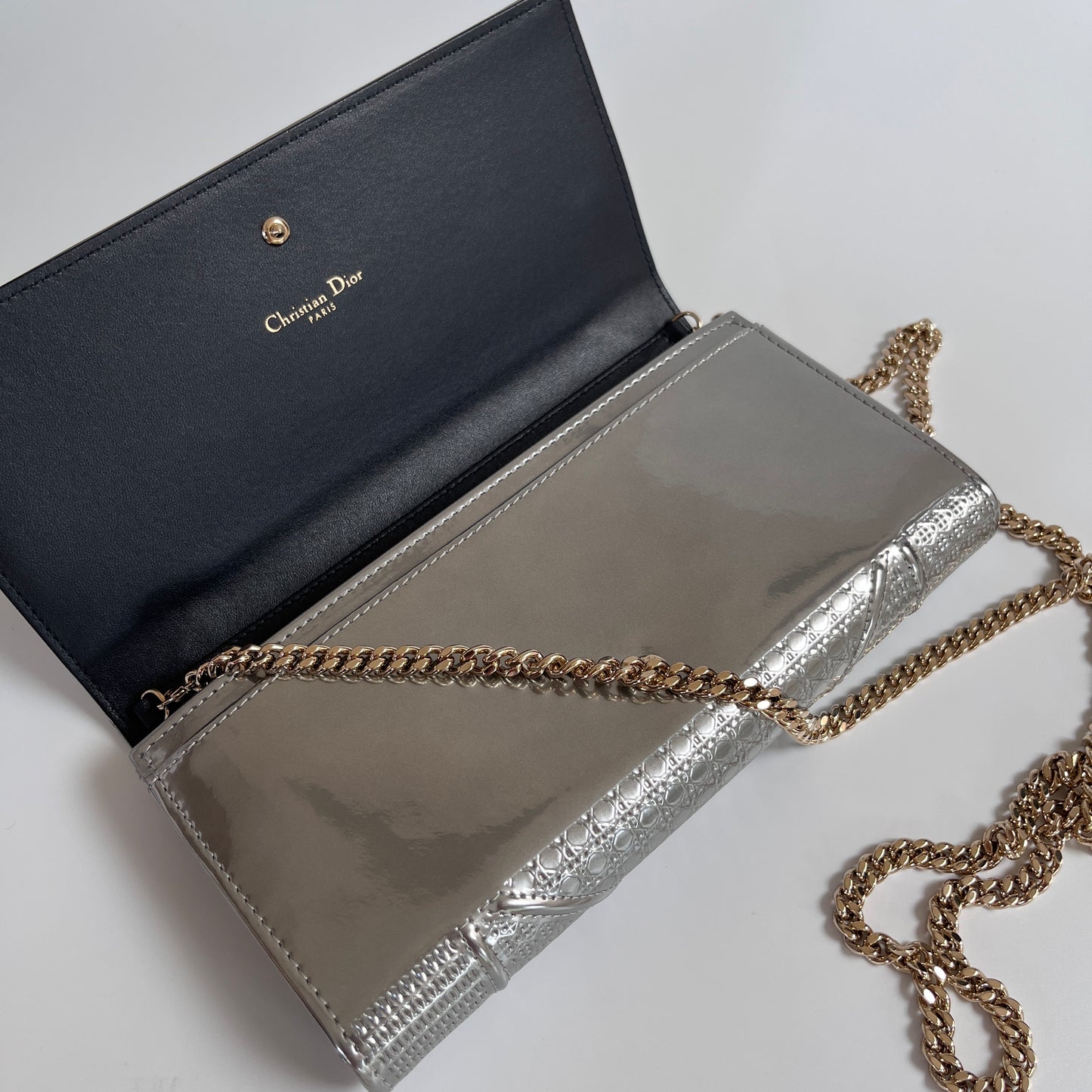 Christian Dior Diorama Metallic Silver Patent Wallet On Chain