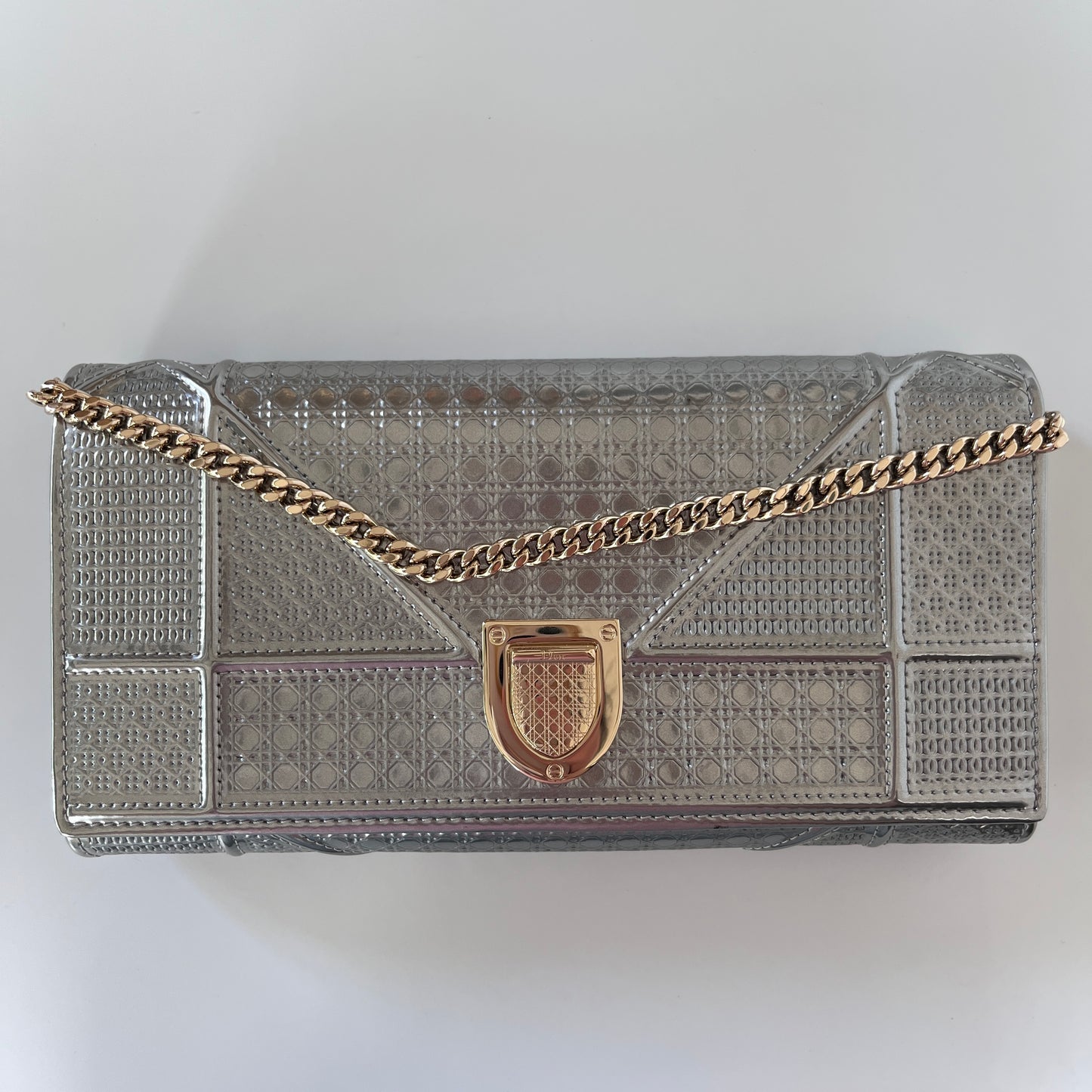 Christian Dior Diorama Metallic Silver Patent Wallet On Chain
