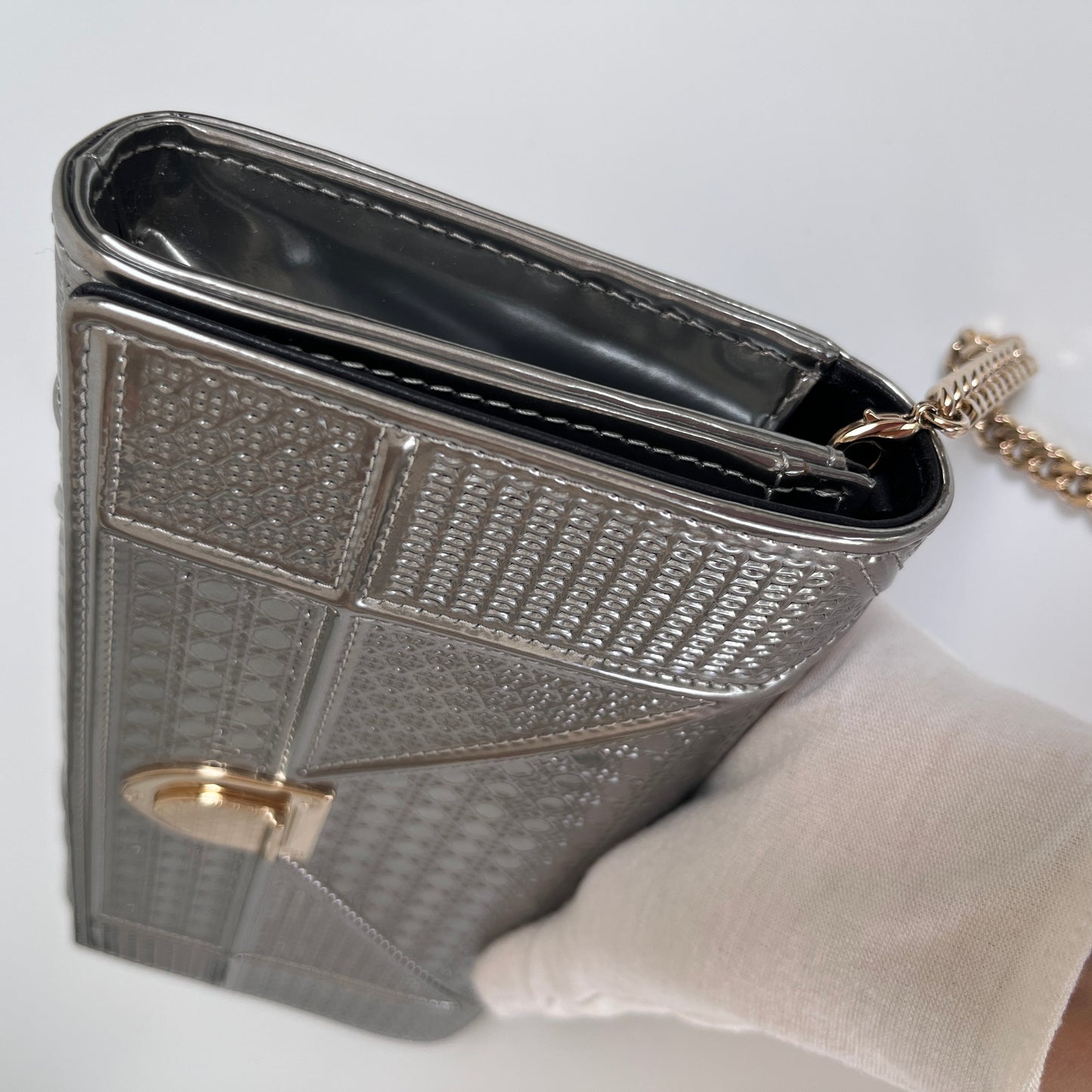 Christian Dior Diorama Metallic Silver Patent Wallet On Chain