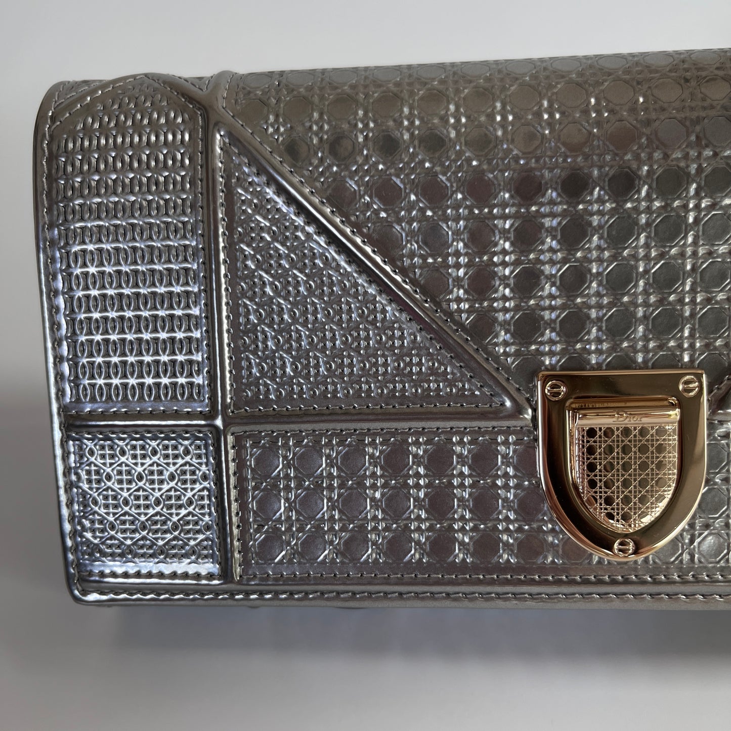 Christian Dior Diorama Metallic Silver Patent Wallet On Chain