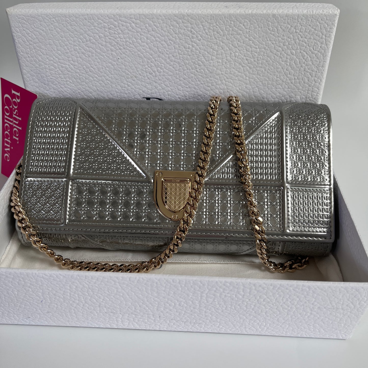 Christian Dior Diorama Metallic Silver Patent Wallet On Chain