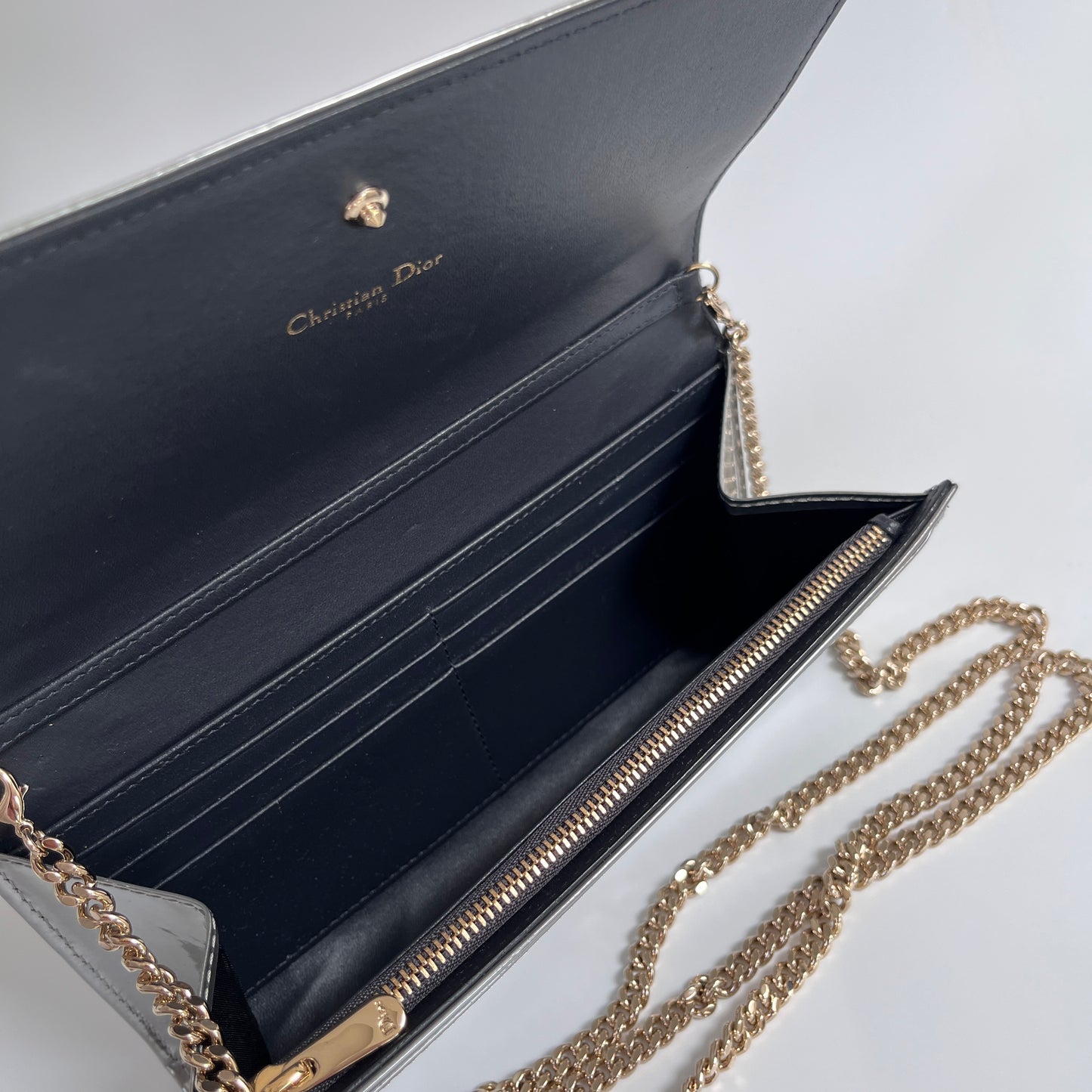 Christian Dior Diorama Metallic Silver Patent Wallet On Chain