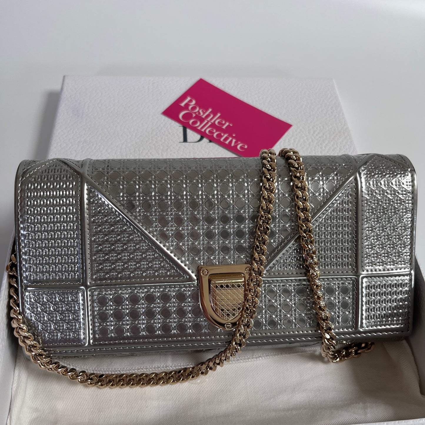 Christian Dior Diorama Metallic Silver Patent Wallet On Chain