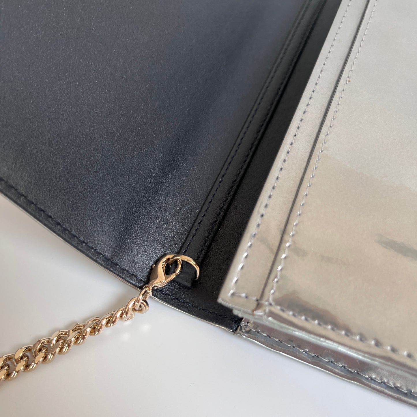 Christian Dior Diorama Metallic Silver Patent Wallet On Chain