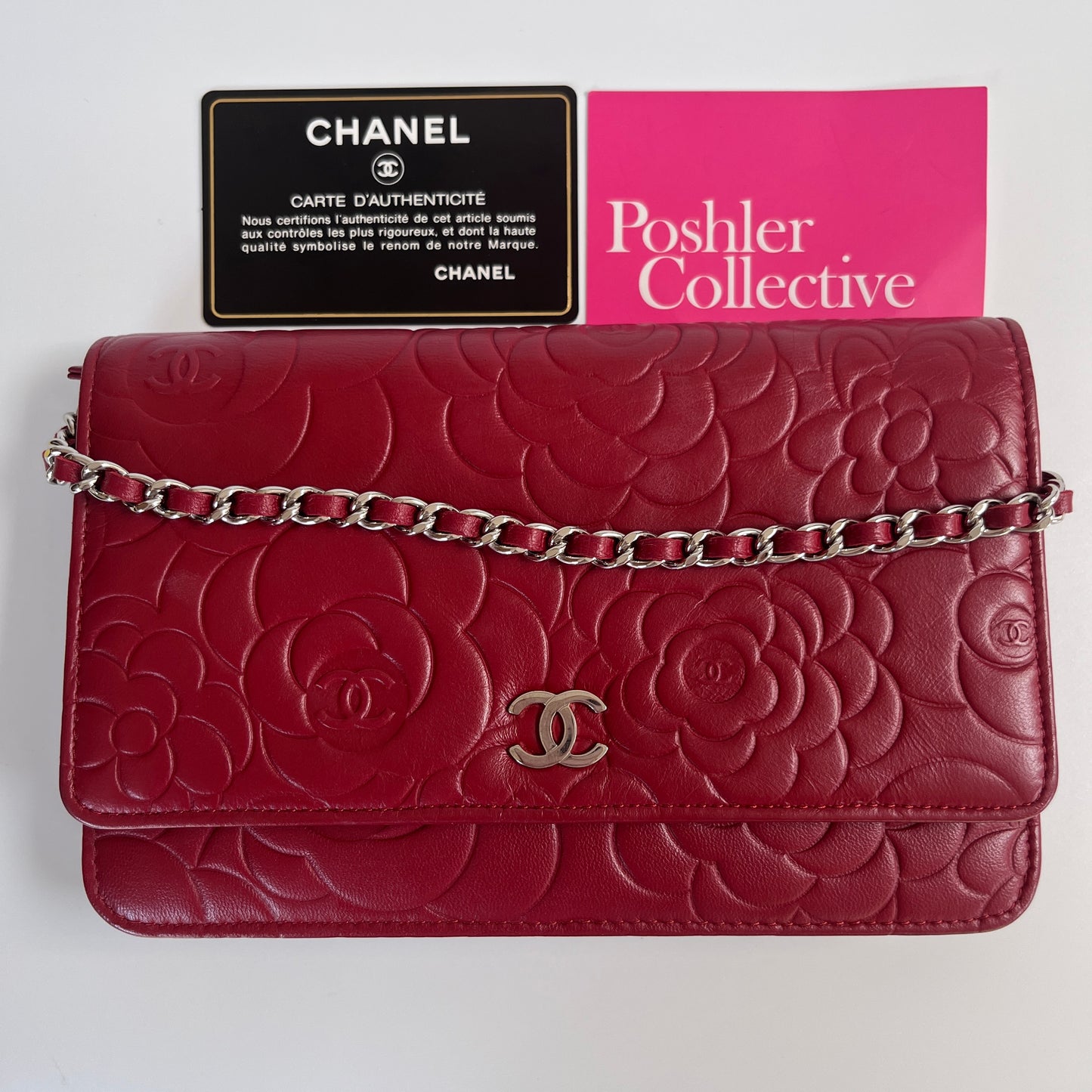 Chanel Red Camellia Lambskin Wallet On Chain