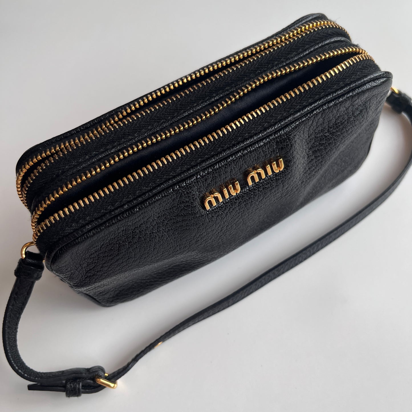 Miu Miu Black Goatskin Madras Double Zip Pochette Clutch