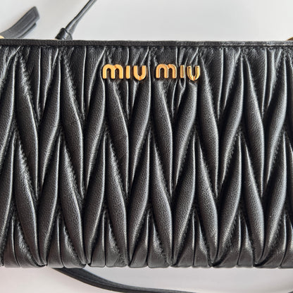 Miu Miu Black Matelasse Leather Wallet On Strap