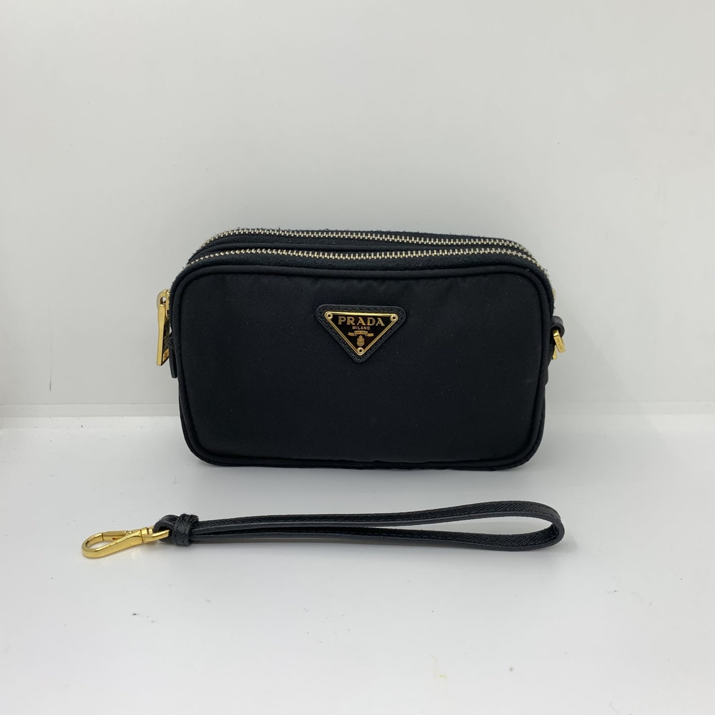 Prada Black Nylon Double Zip Pouch/ Wristlet