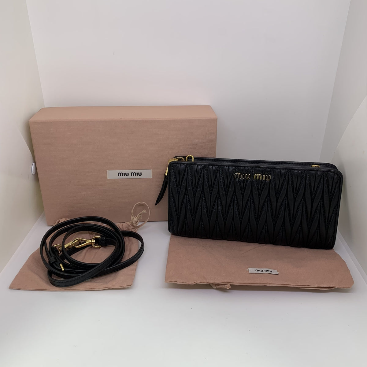 Miu Miu Black Matelasse Leather Wallet On Strap