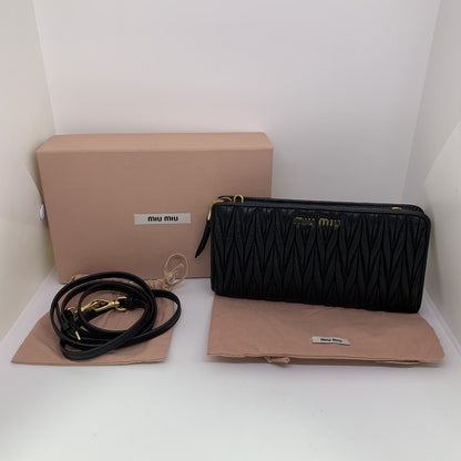 Miu Miu Black Matelasse Leather Wallet On Strap