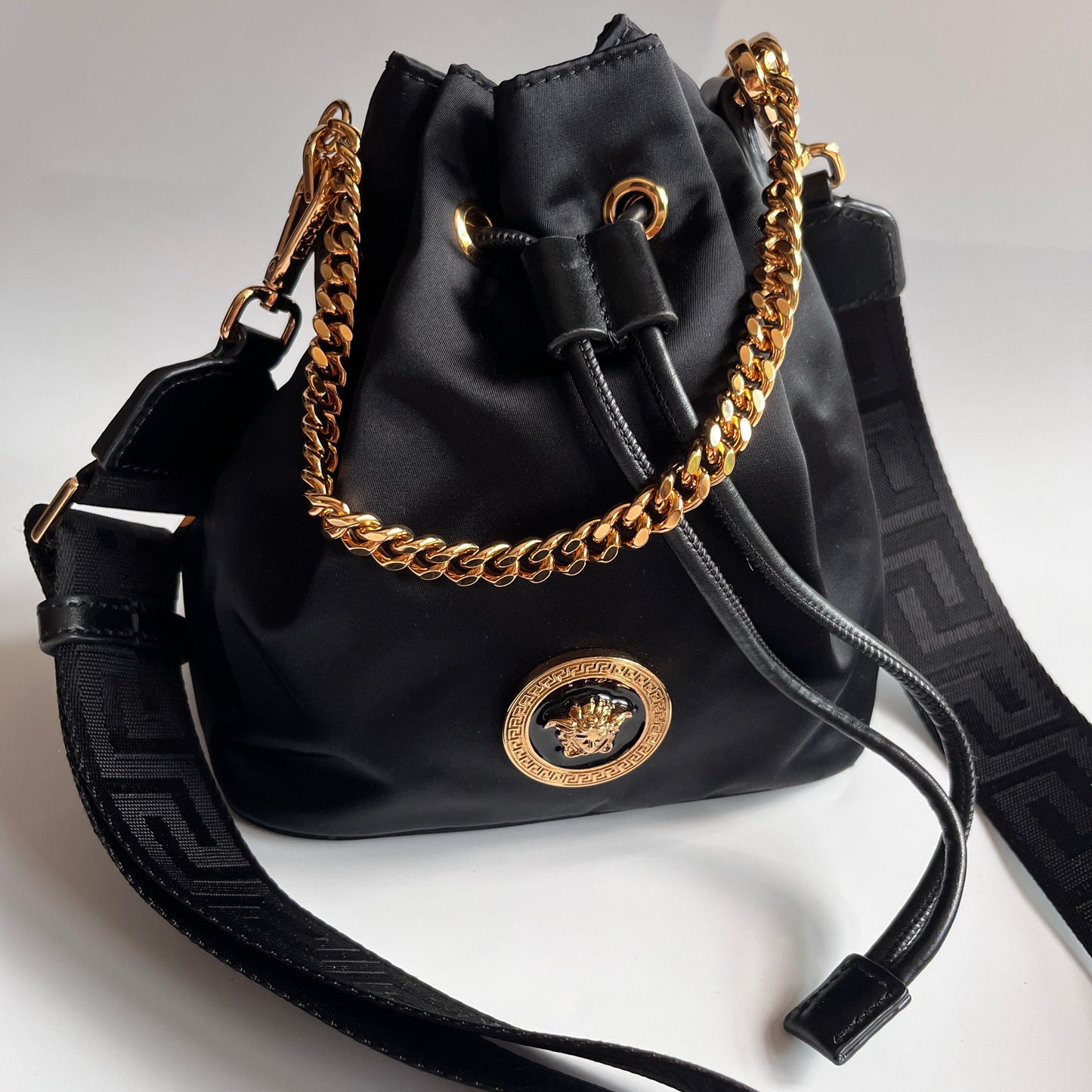 Versace Black Nylon Bucket La Medusa Crossbody Bag