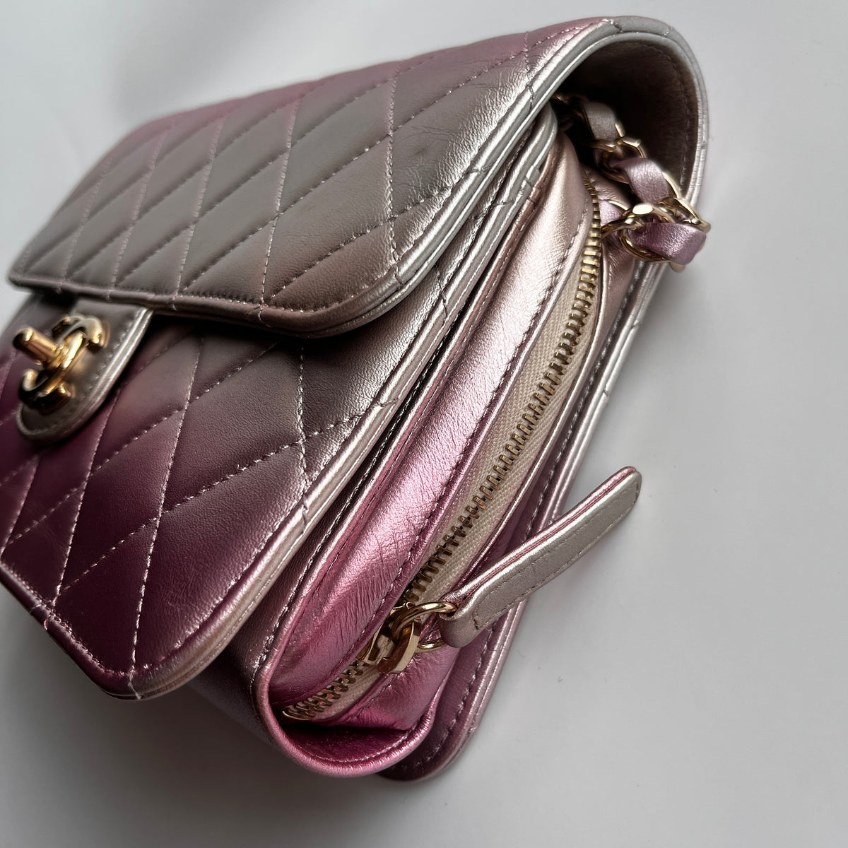 Chanel Quilted Gradient Metallic Lambskin Like A Wallet Flap Crossbody Bag