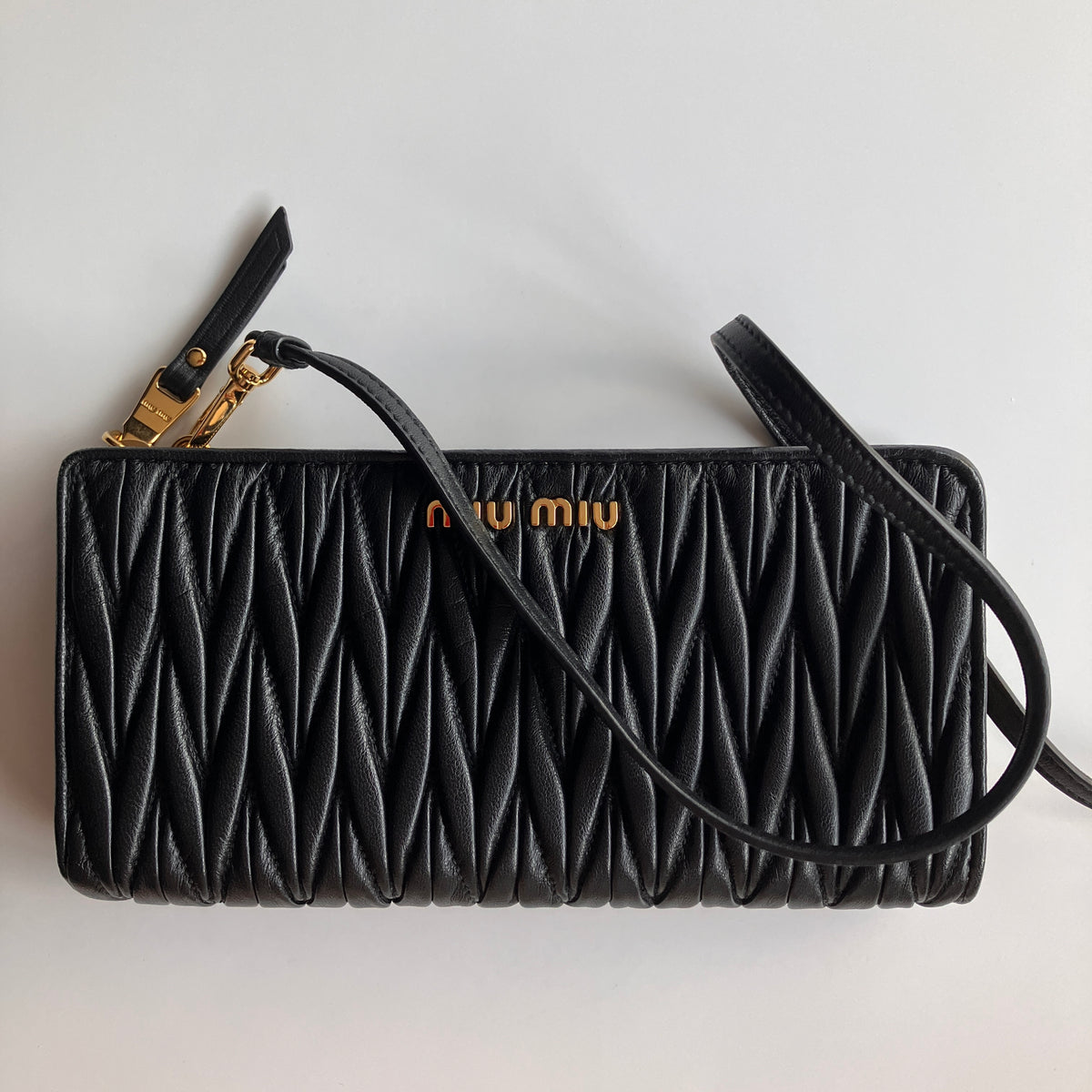 Miu Miu Black Matelasse Leather Wallet On Strap