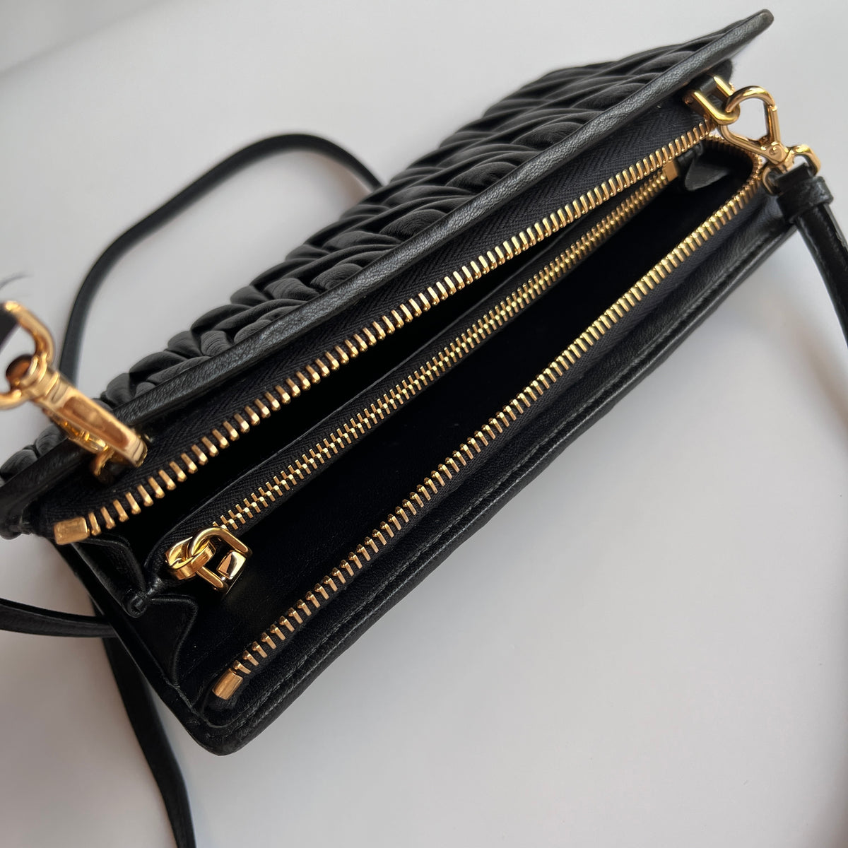 Miu Miu Black Matelasse Leather Wallet On Strap