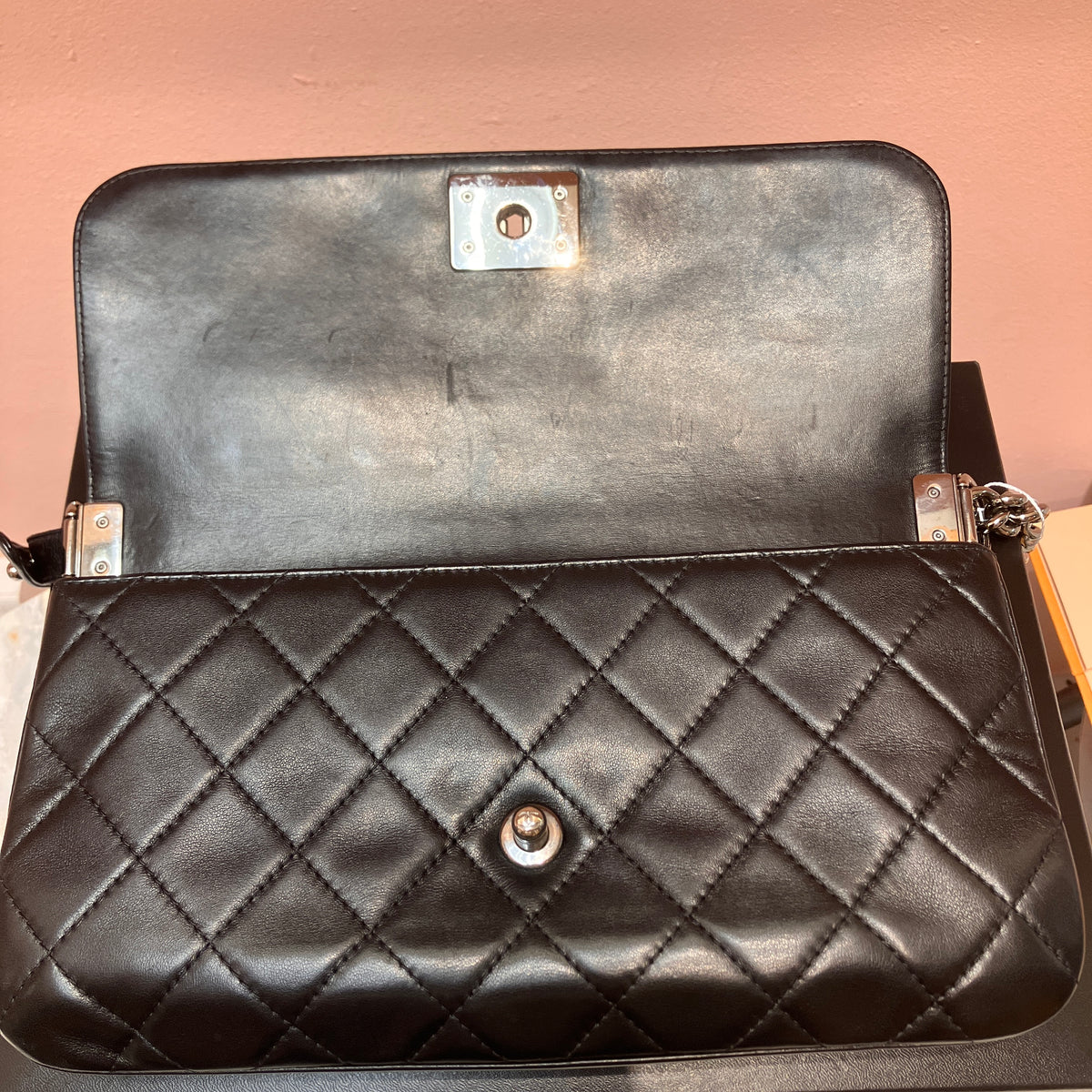 Chanel Boy East West Flap Black Leather Crossbody Clutch Bag