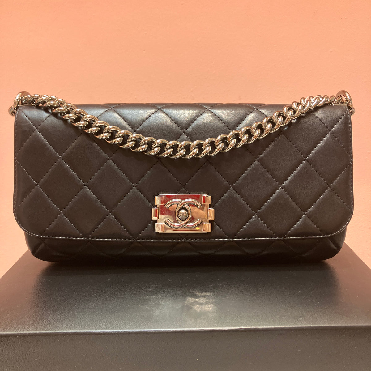 Chanel Boy East West Flap Black Leather Crossbody Clutch Bag