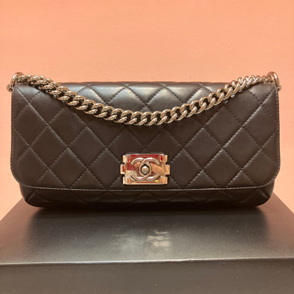 Chanel Boy East West Flap Black Leather Crossbody Clutch Bag