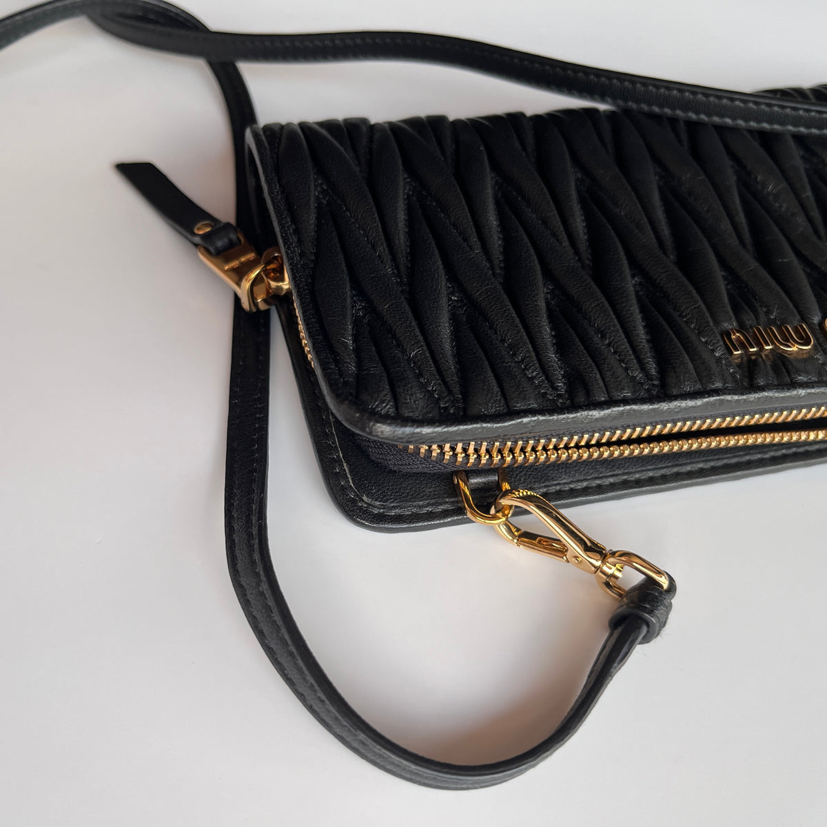 Miu Miu Black Matelasse Leather Wallet On Strap