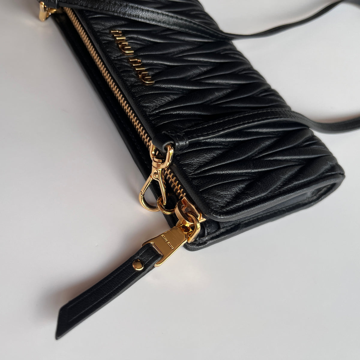 Miu Miu Black Matelasse Leather Wallet On Strap