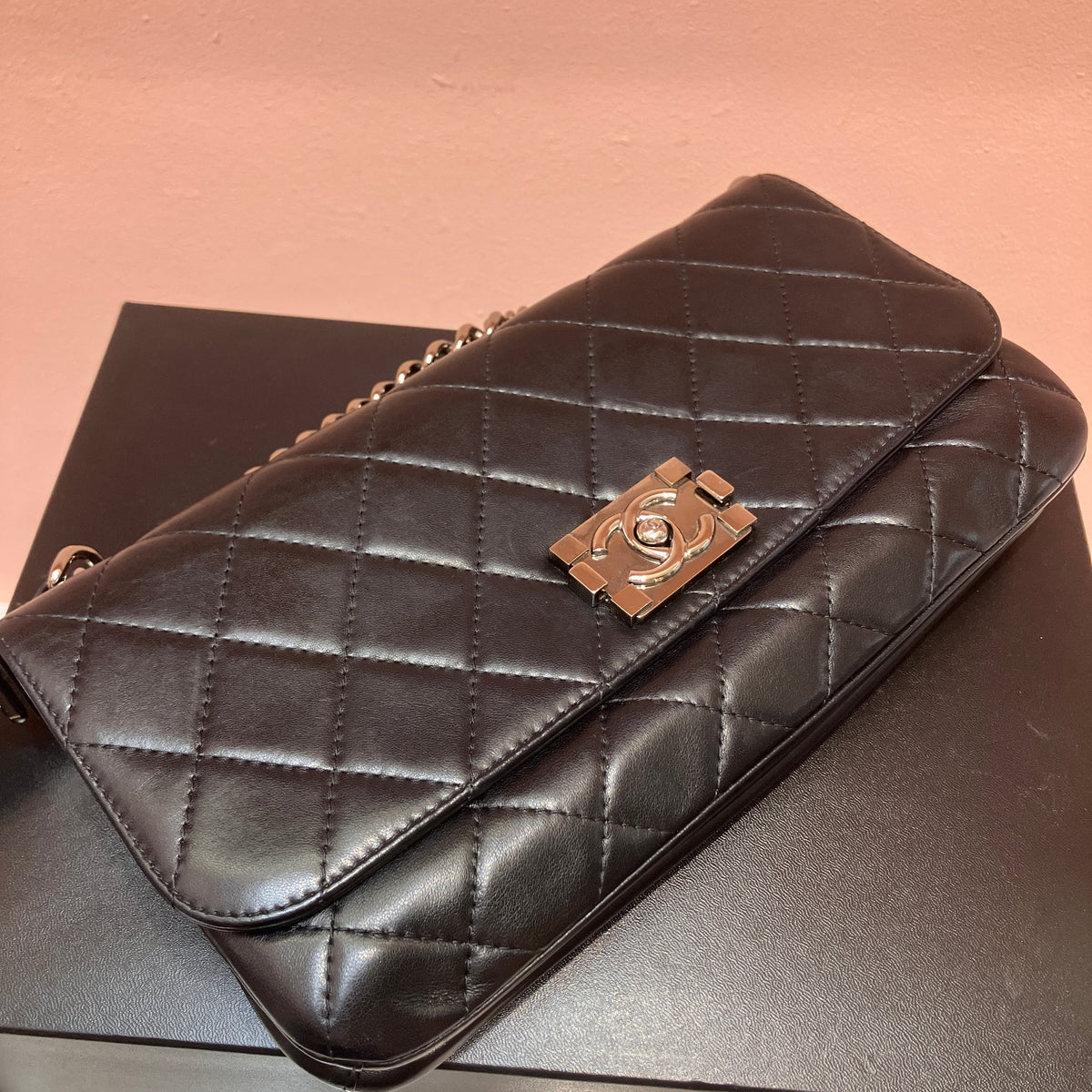 Chanel Boy East West Flap Black Leather Crossbody Clutch Bag