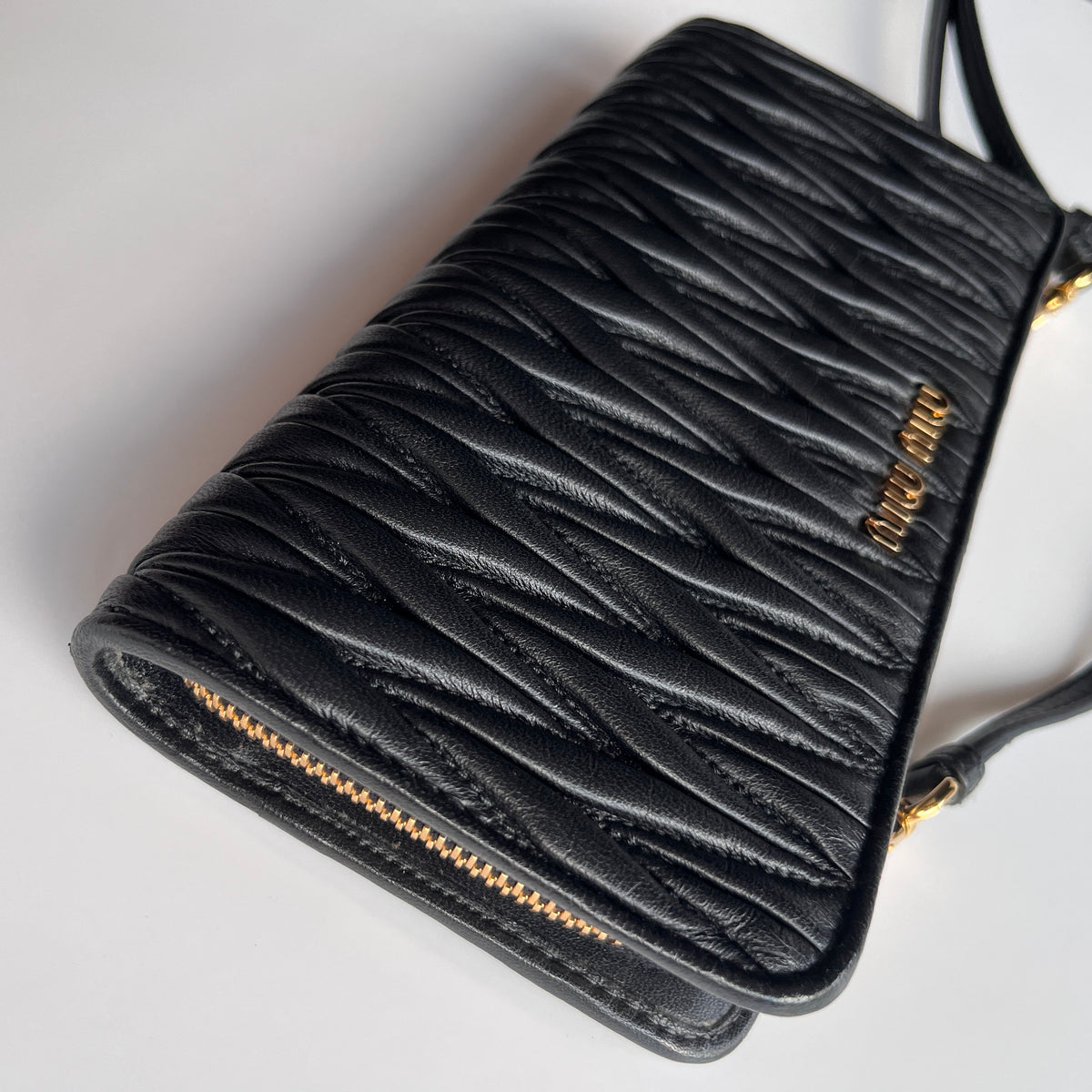 Miu Miu Black Matelasse Leather Wallet On Strap