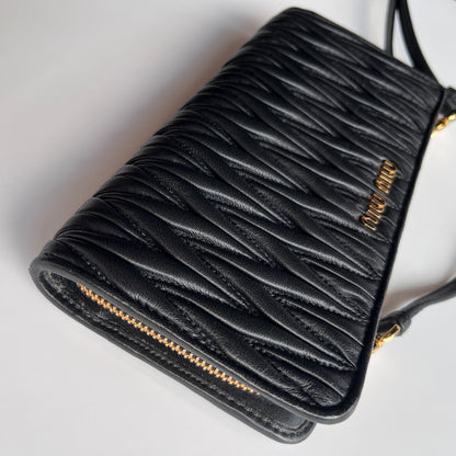 Miu Miu Black Matelasse Leather Wallet On Strap