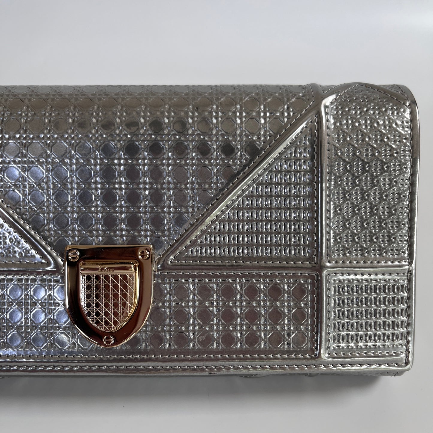 Christian Dior Diorama Metallic Silver Patent Wallet On Chain