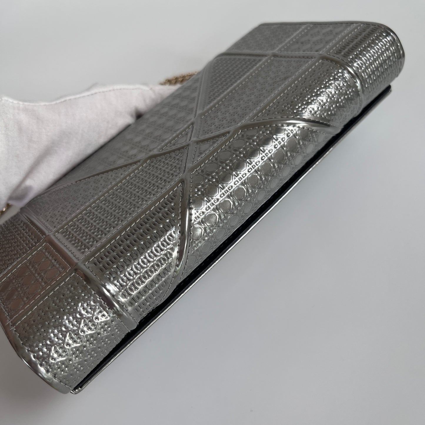 Christian Dior Diorama Metallic Silver Patent Wallet On Chain