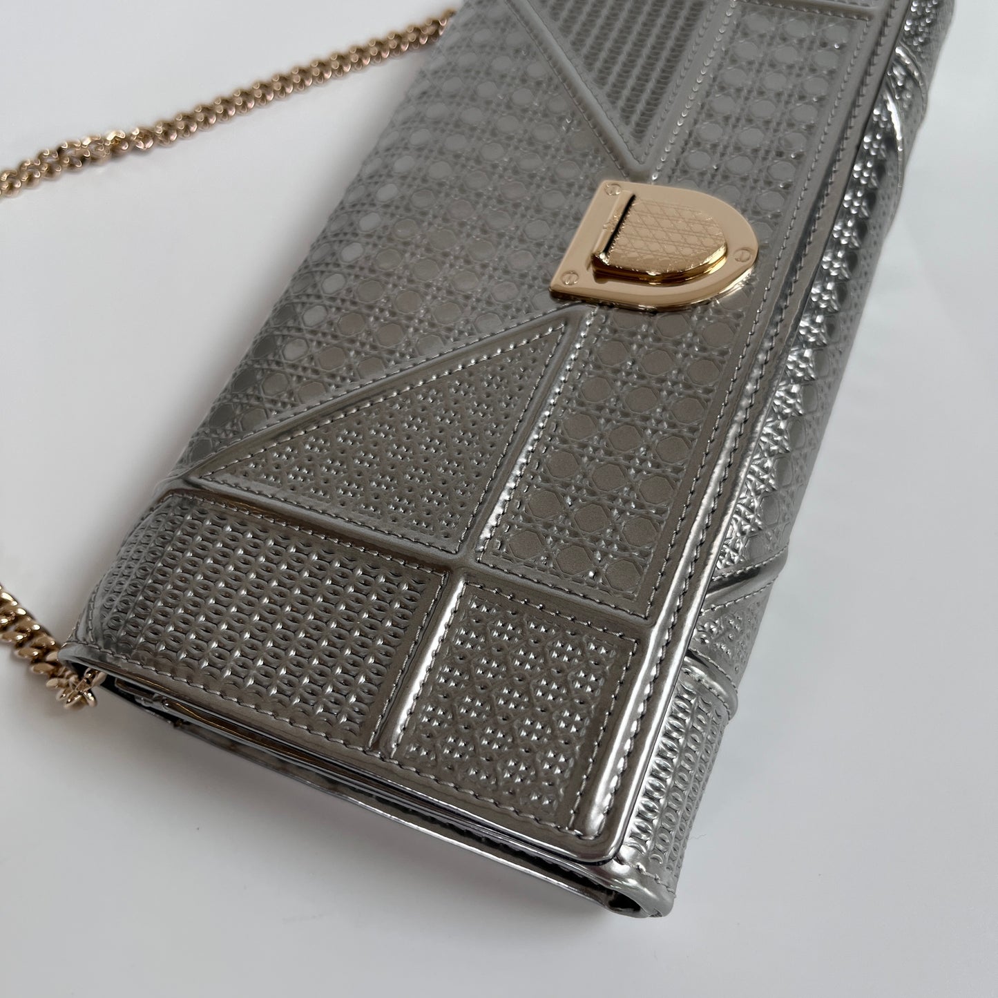 Christian Dior Diorama Metallic Silver Patent Wallet On Chain