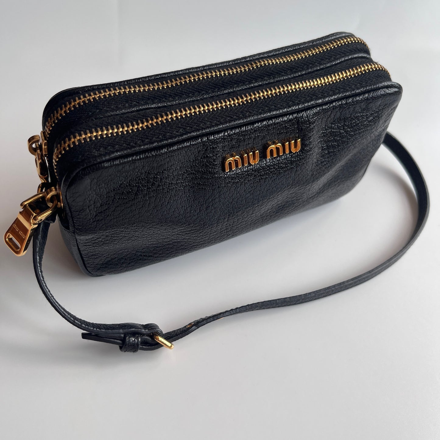Miu Miu Black Goatskin Madras Double Zip Pochette Clutch