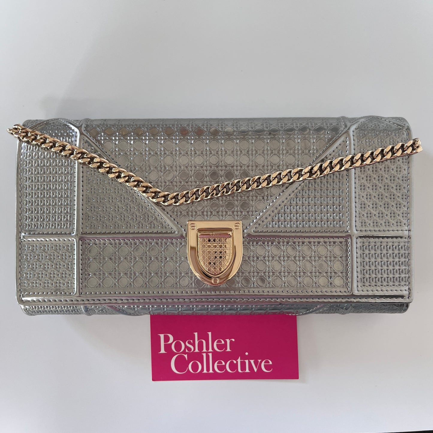 Christian Dior Diorama Metallic Silver Patent Wallet On Chain