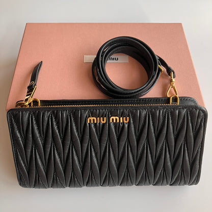 Miu Miu Black Matelasse Leather Wallet On Strap
