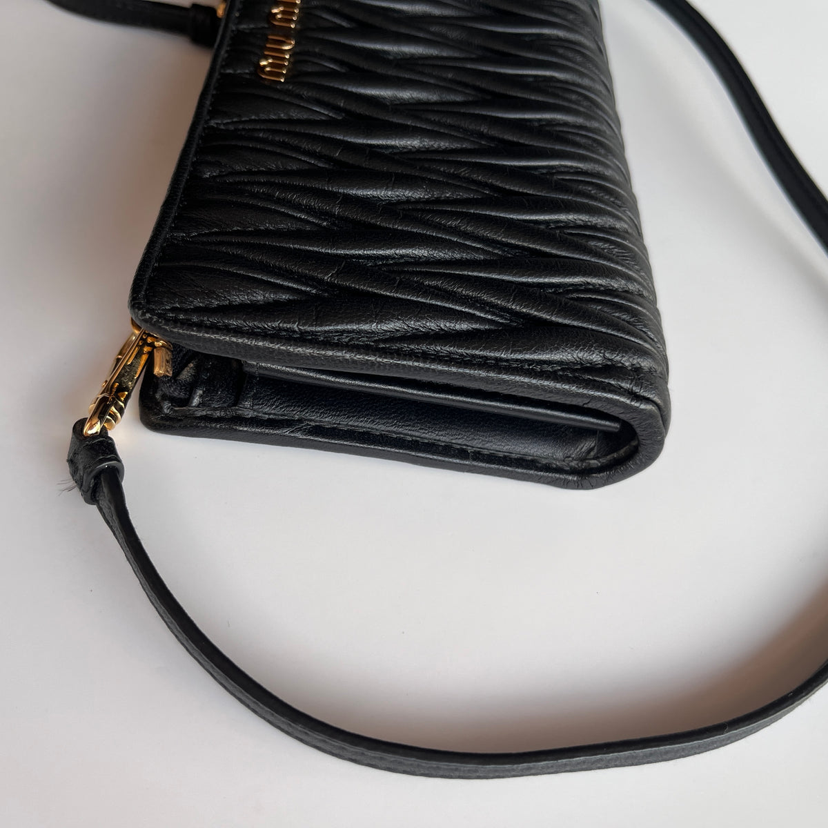 Miu Miu Black Matelasse Leather Wallet On Strap