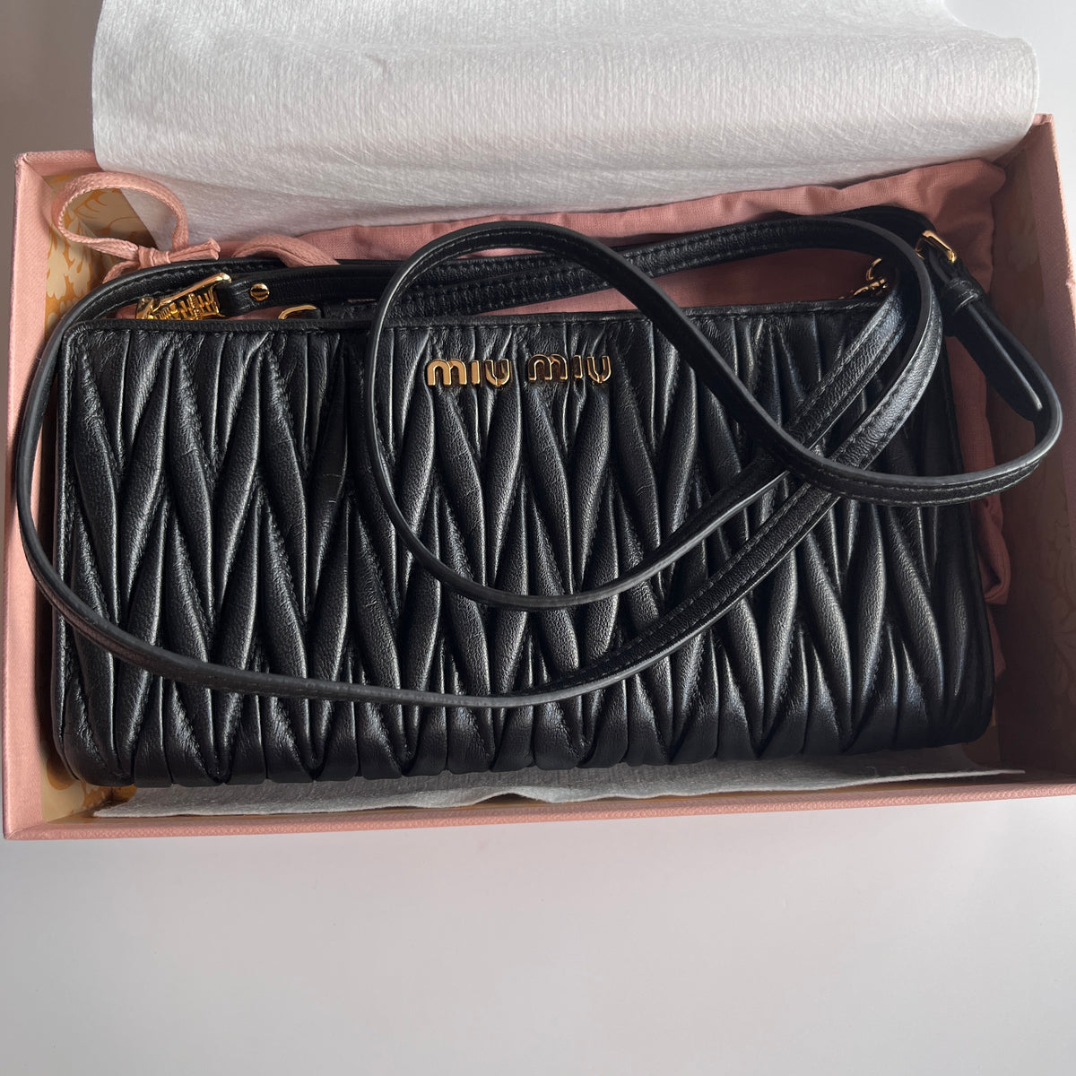 Miu Miu Black Matelasse Leather Wallet On Strap