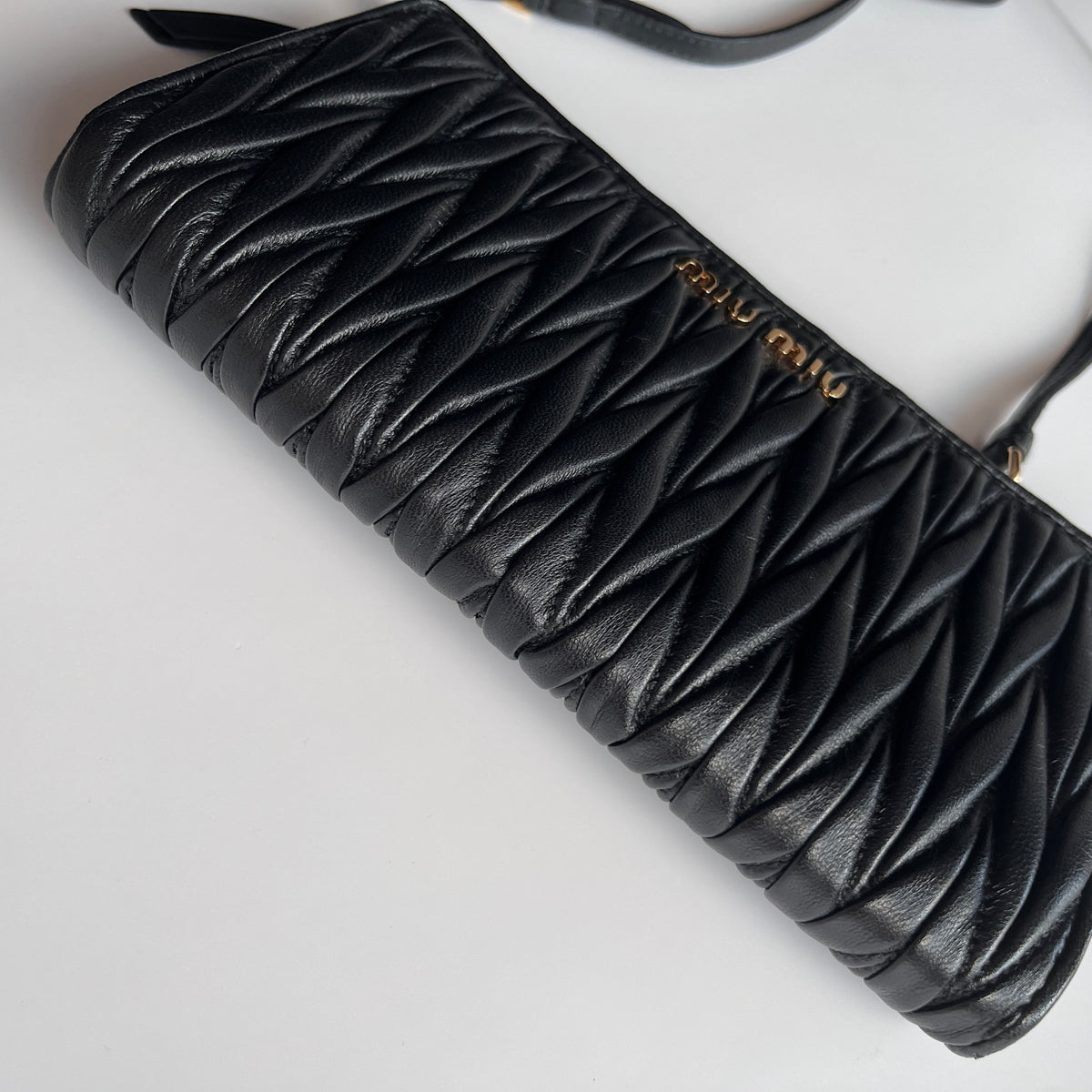 Miu Miu Black Matelasse Leather Wallet On Strap