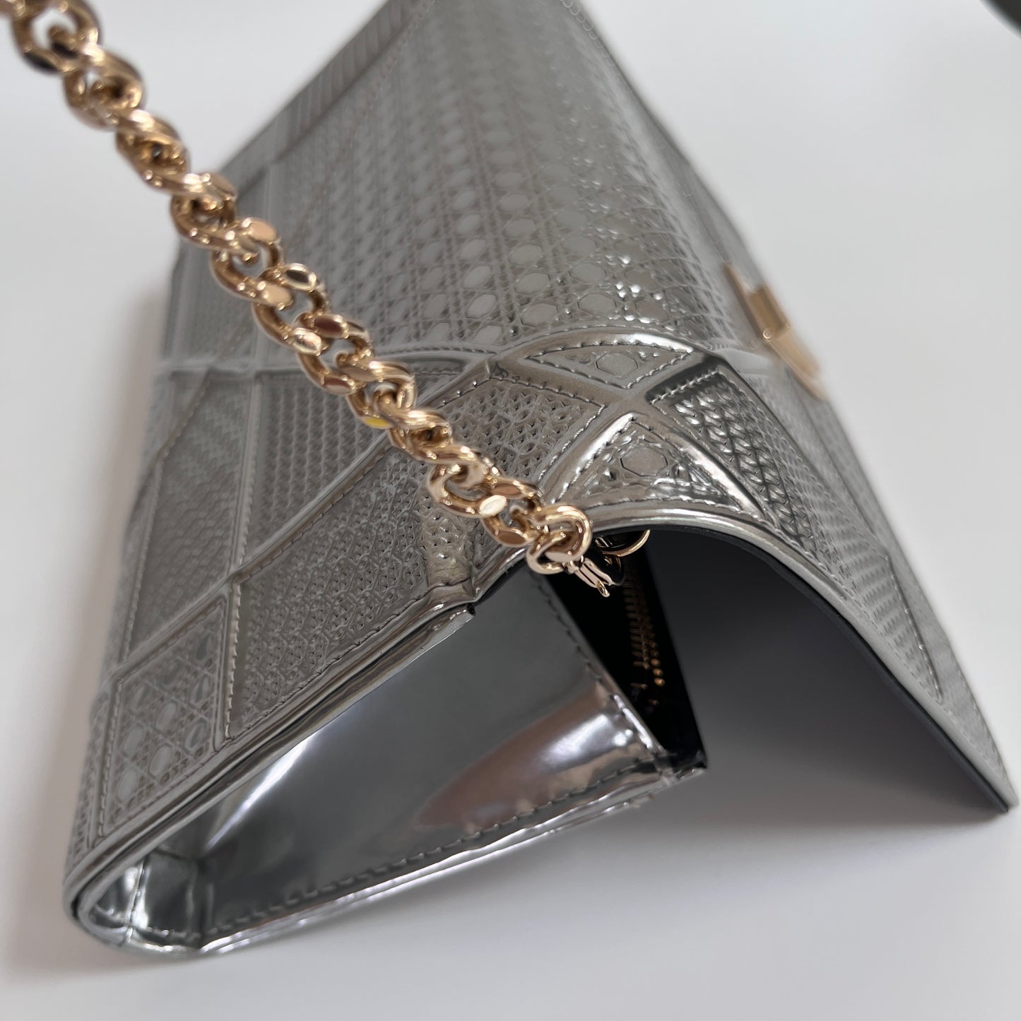 Christian Dior Diorama Metallic Silver Patent Wallet On Chain