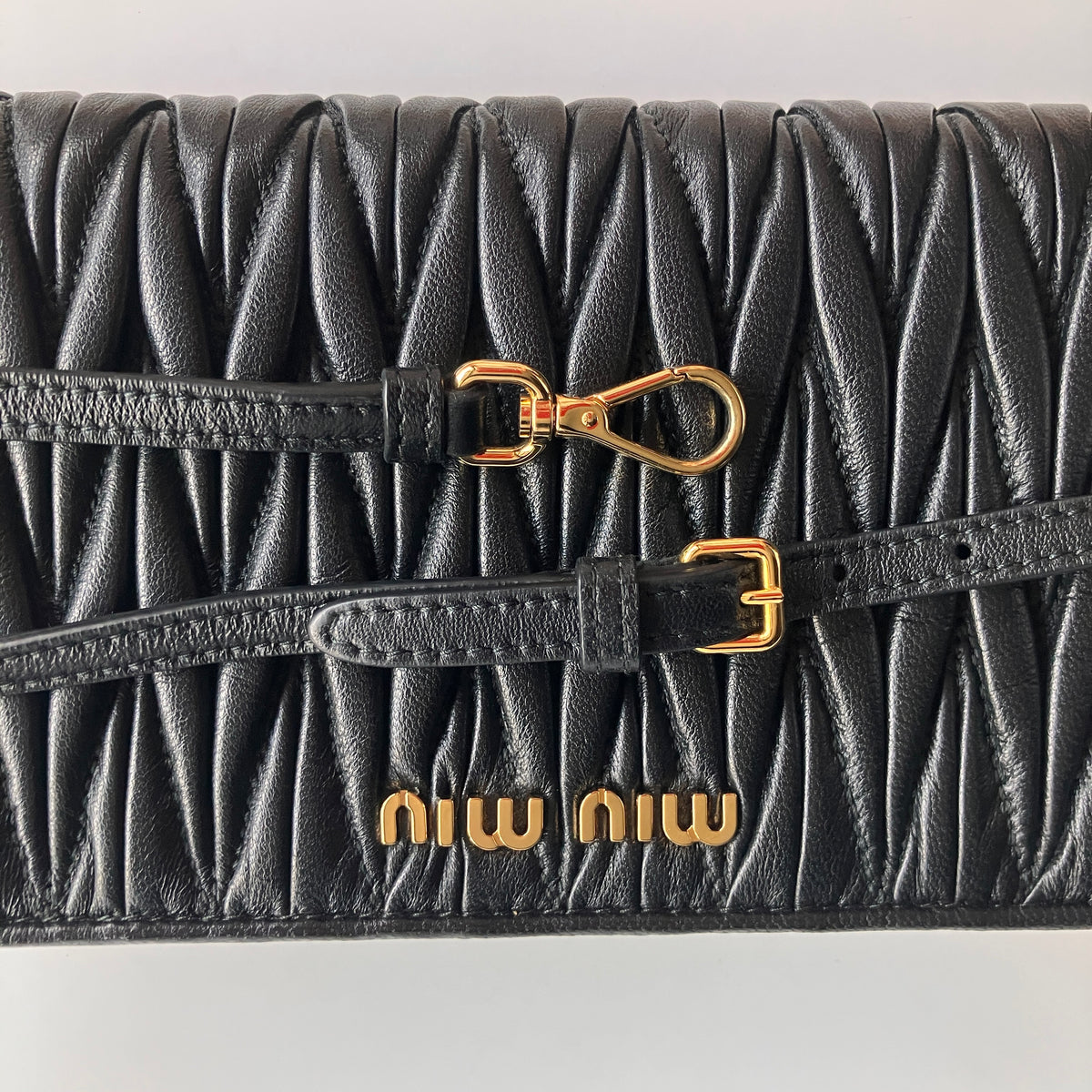 Miu Miu Black Matelasse Leather Wallet On Strap
