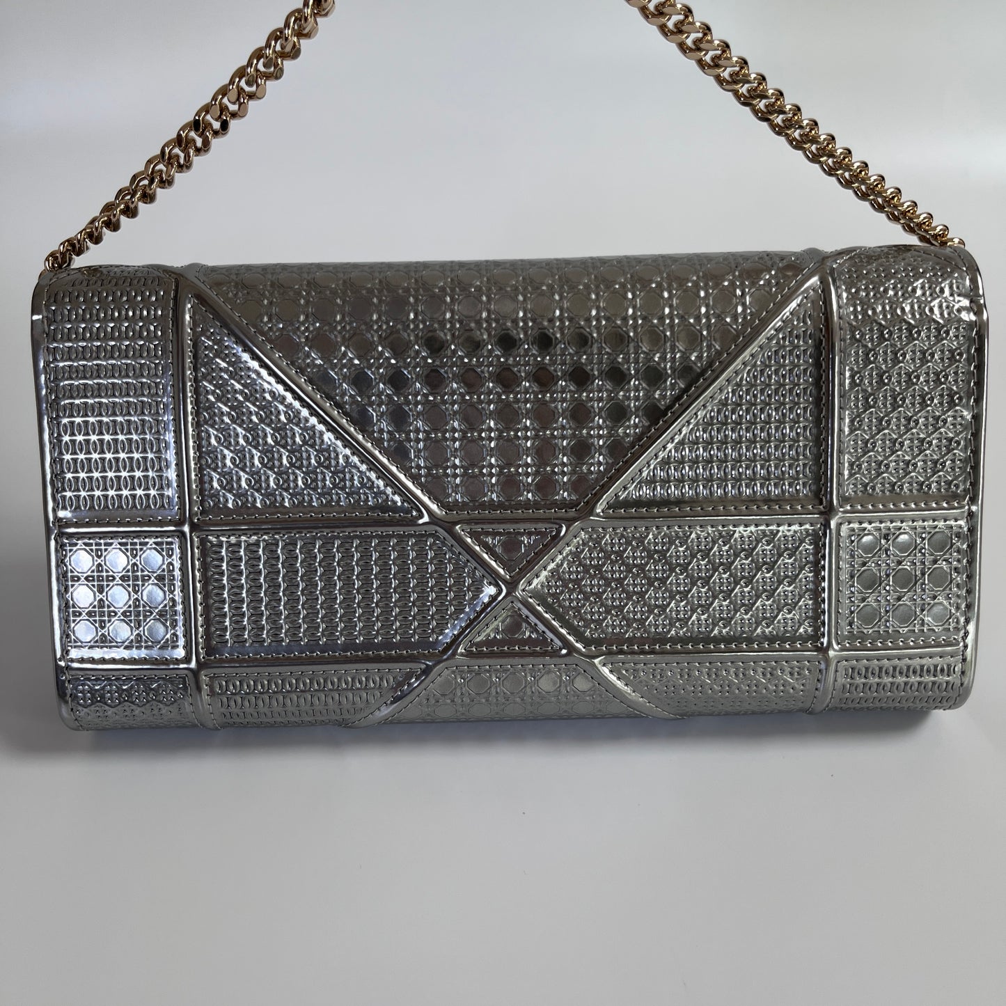 Christian Dior Diorama Metallic Silver Patent Wallet On Chain