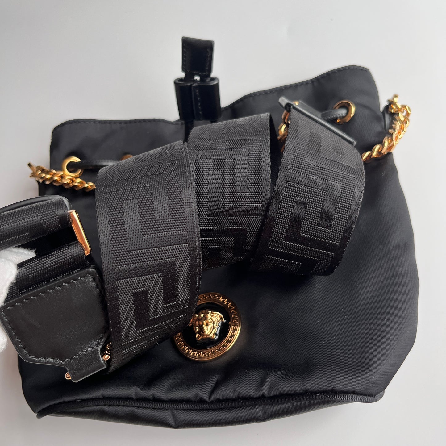 Versace Black Nylon Bucket La Medusa Crossbody Bag