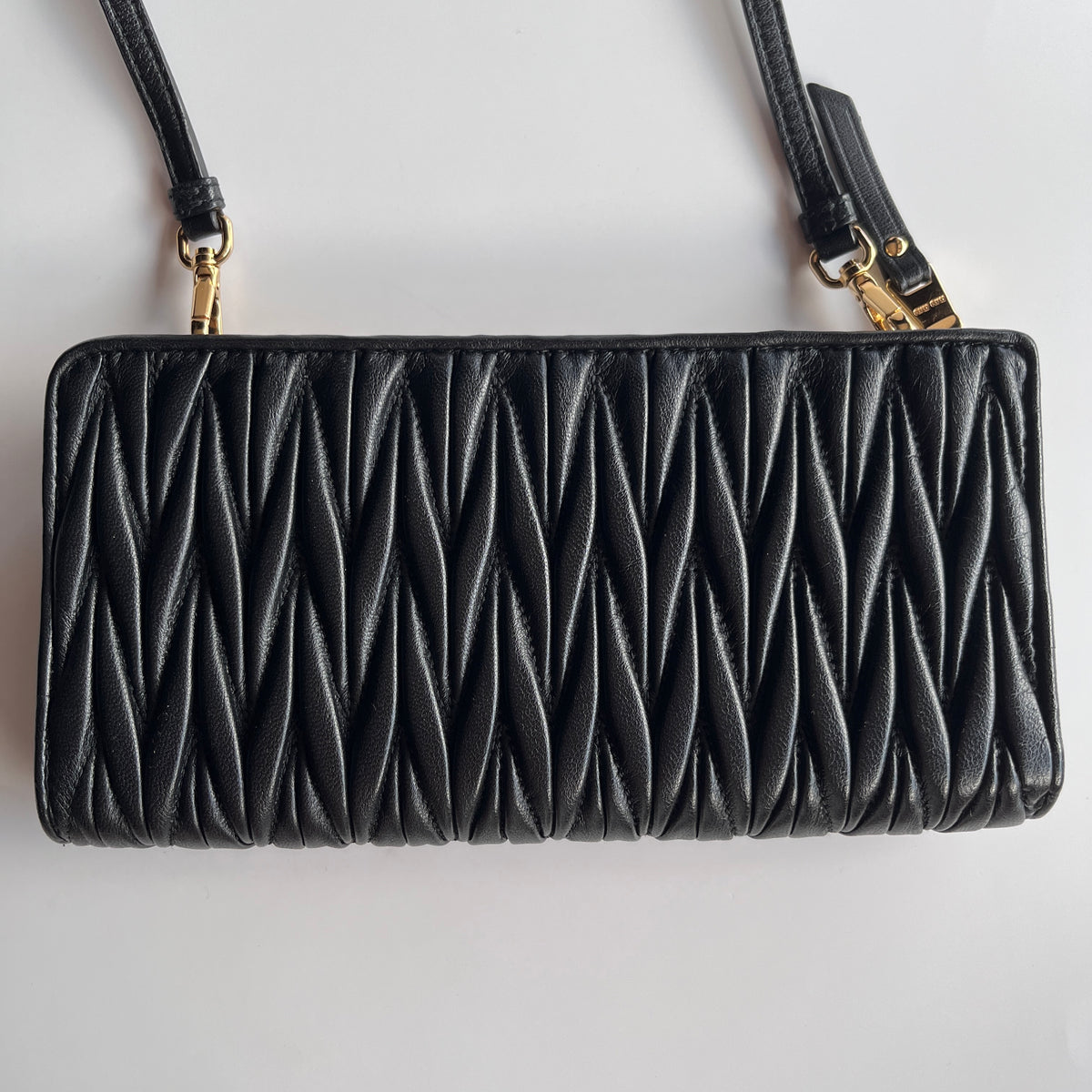 Miu Miu Black Matelasse Leather Wallet On Strap