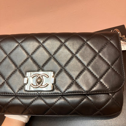 Chanel Boy East West Flap Black Leather Crossbody Clutch Bag