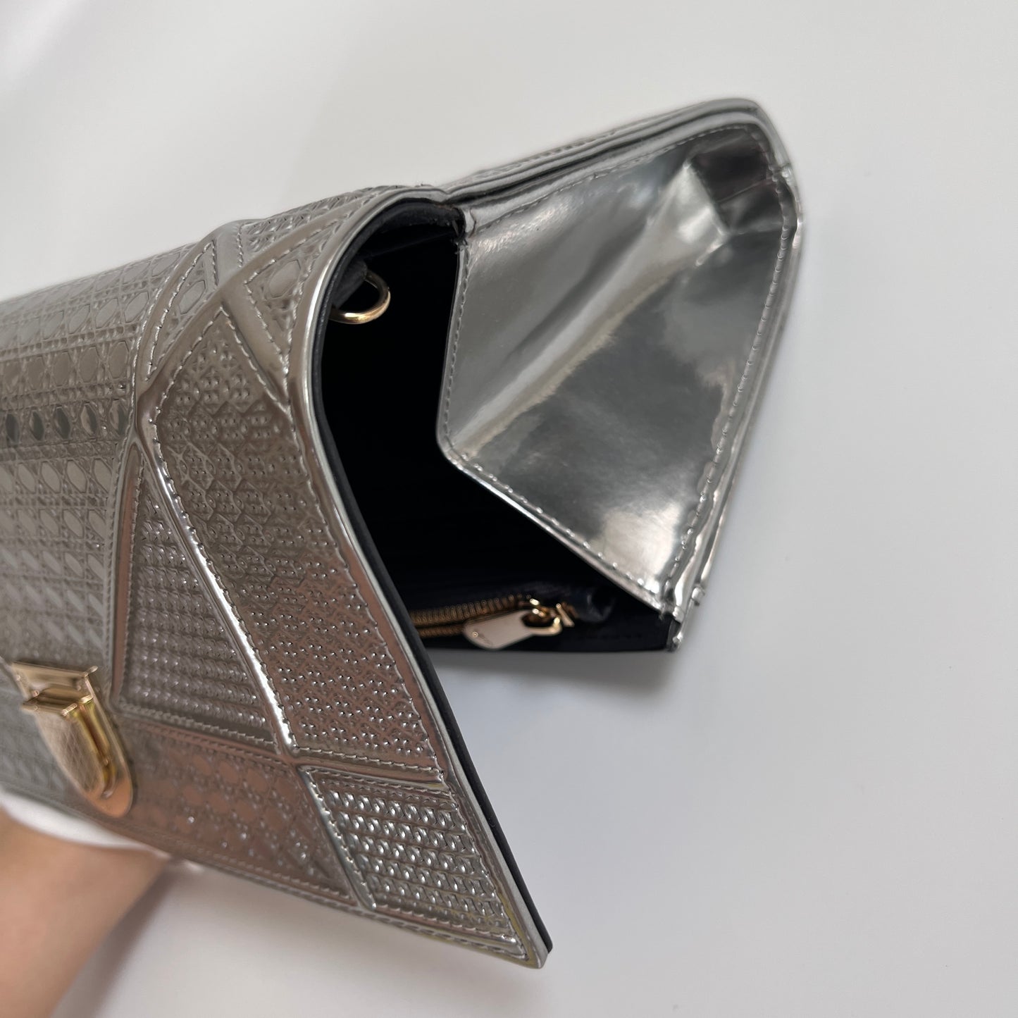 Christian Dior Diorama Metallic Silver Patent Wallet On Chain