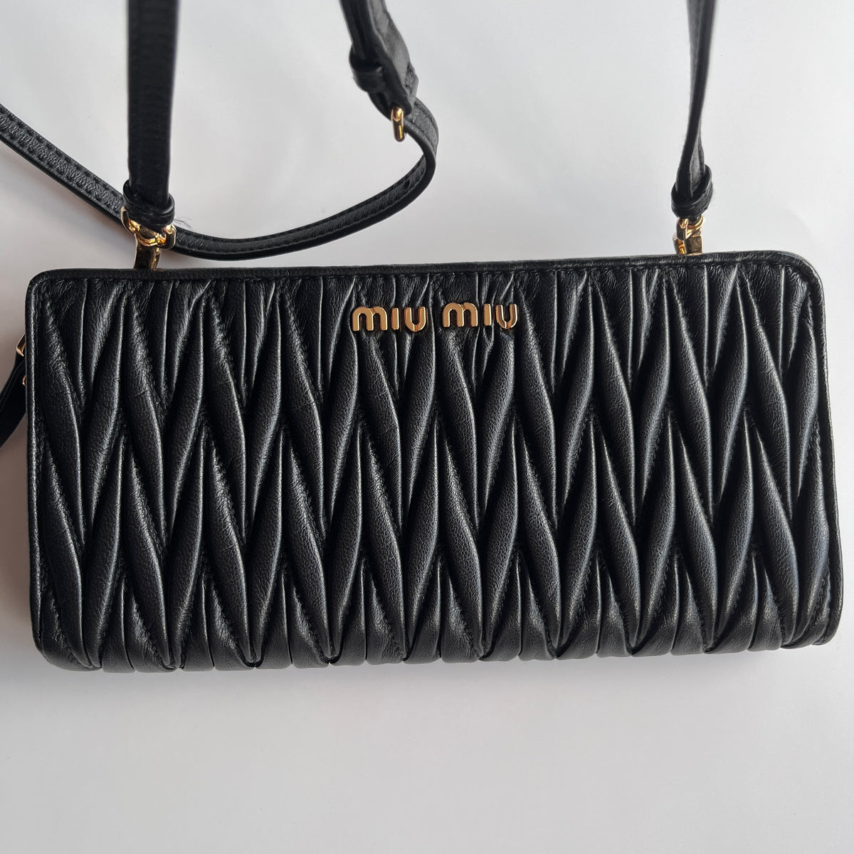 Miu Miu Black Matelasse Leather Wallet On Strap