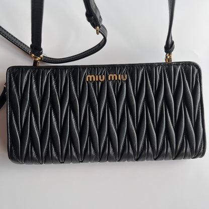 Miu Miu Black Matelasse Leather Wallet On Strap