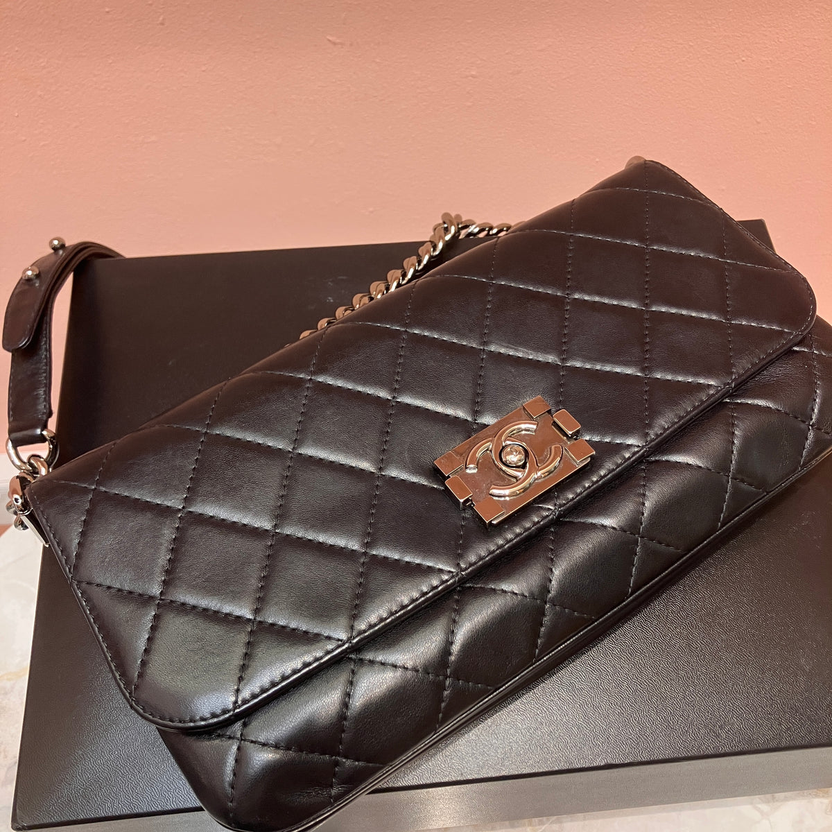 Chanel Boy East West Flap Black Leather Crossbody Clutch Bag