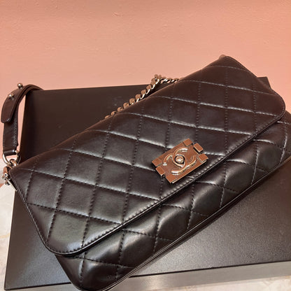 Chanel Boy East West Flap Black Leather Crossbody Clutch Bag