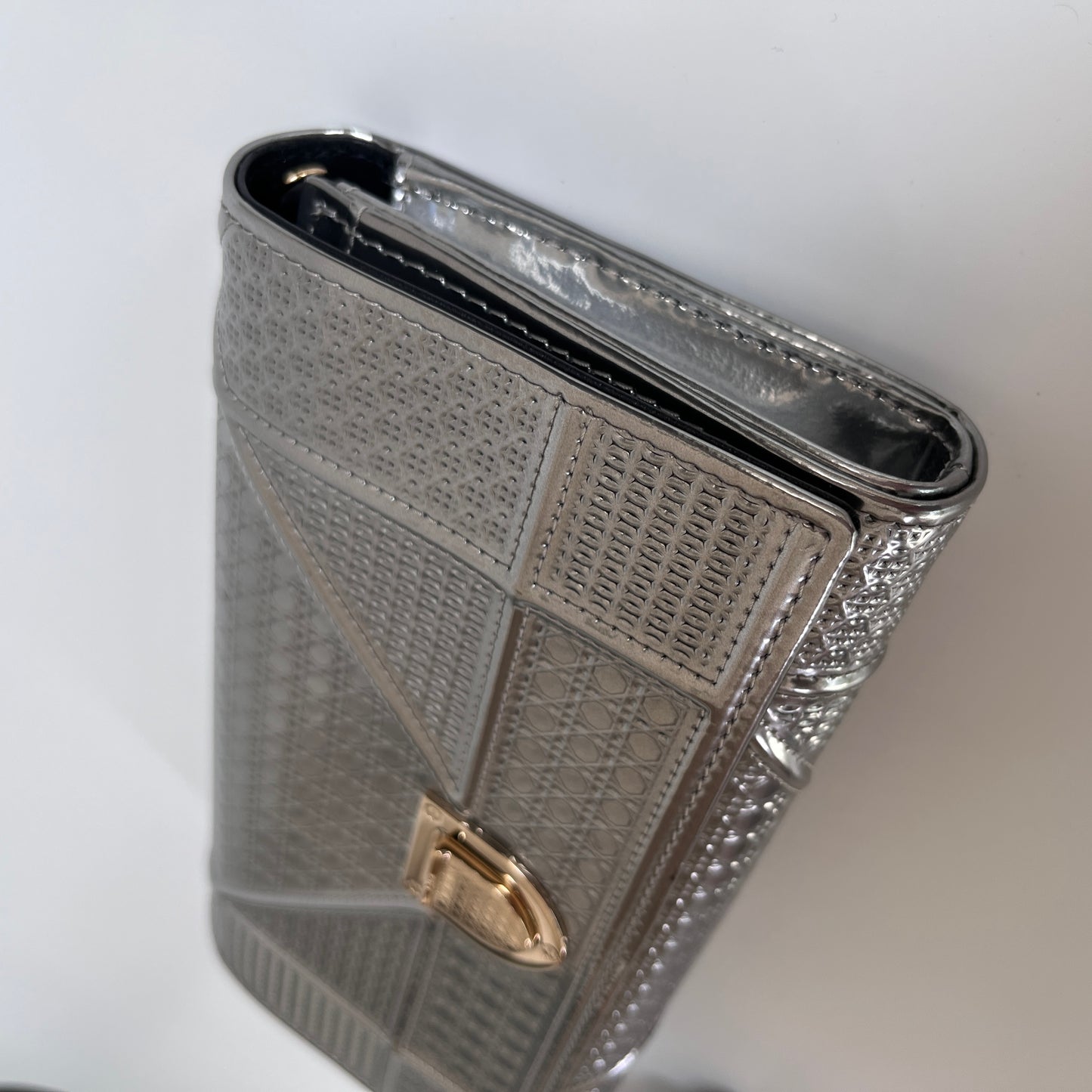 Christian Dior Diorama Metallic Silver Patent Wallet On Chain
