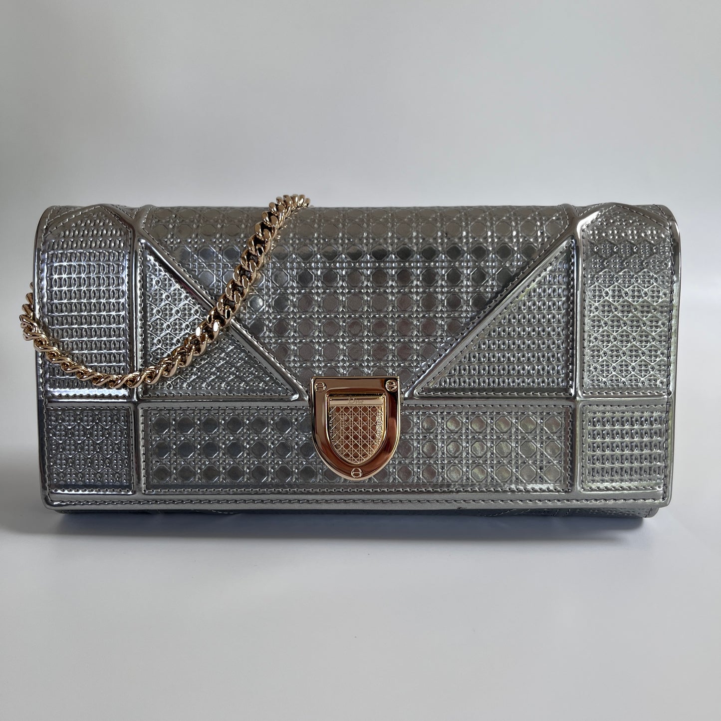 Christian Dior Diorama Metallic Silver Patent Wallet On Chain