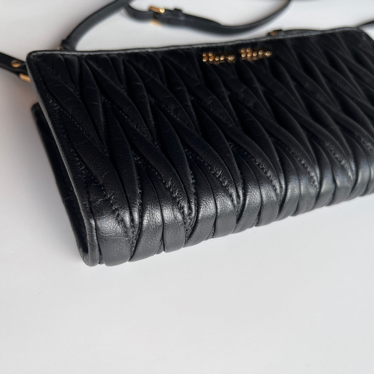 Miu Miu Black Matelasse Leather Wallet On Strap